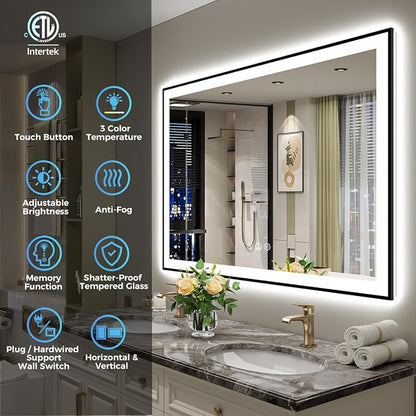 48x36 LED Bathroom Mirror with Lights, Black Framed Lighted Mirror | Backlit and Front Light, Anti-Fog, 3 Color Dimmable, Memory, Tempered Glass, IP54 Waterproof, UL Listed