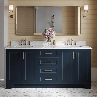 ARIEL Taylor 72-inch Bathroom Vanity with Sink,Solid Wood, 0.75-inch Italian Carrara Marble Countertop, Double Rectangular Porcelain Sink, 4 Soft Closing Doors, 6 Dovetail Drawers, Midnight Blue