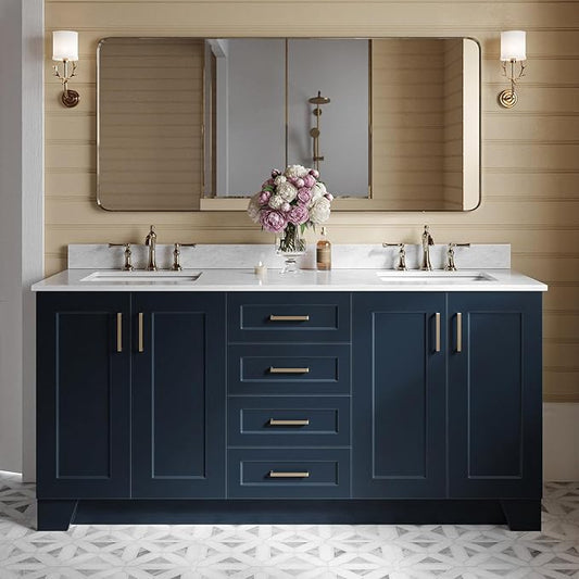 ARIEL Taylor 72-inch Bathroom Vanity with Sink,Solid Wood, 0.75-inch Italian Carrara Marble Countertop, Double Rectangular Porcelain Sink, 4 Soft Closing Doors, 6 Dovetail Drawers, Midnight Blue