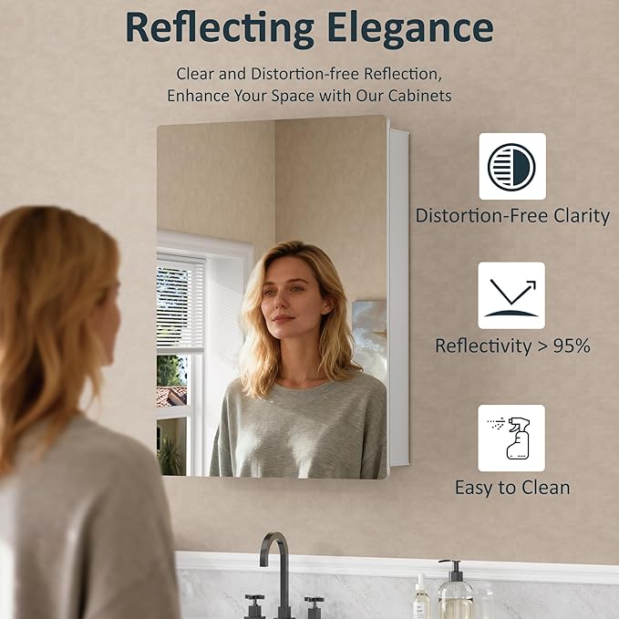 20x28 Inch Medicine Cabinet with Mirror, Recessed or Surface Mounted Bathroom Cabinets for Storage, 2 Fully Adjustable Tempered Glass Shelves, Soft-close DTC Hinges, HD Reflection Mirror Door, Silver