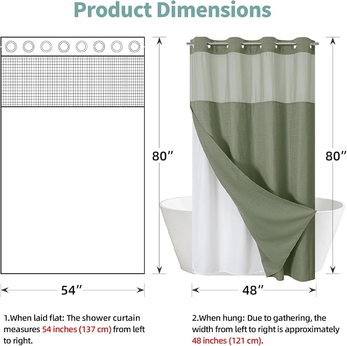 No Hook Waffle Shower Curtain with Snap-in Liner, 54x80 Inch, Sage Green | 230GSM waffle weave fabric, waterproof liner set with 2 bottom magnets, mesh window, washable, for shower stalls or bathrooms
