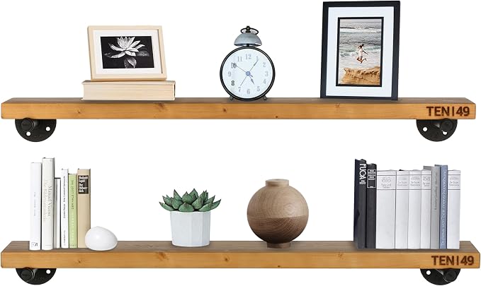 TEN49 Industrial Pipe Wood Wall Shelf - 36" Real Wooden Shelving w/Special Walnut Color - Modern Interior Decor Floating Shelves w/Iron Pipe Brackets - Rustic Farmhouse Style Bookshelf - Set of 2