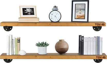 TEN49 Industrial Pipe Wood Wall Shelf - 36" Real Wooden Shelving w/Special Walnut Color - Modern Interior Decor Floating Shelves w/Iron Pipe Brackets - Rustic Farmhouse Style Bookshelf - Set of 2