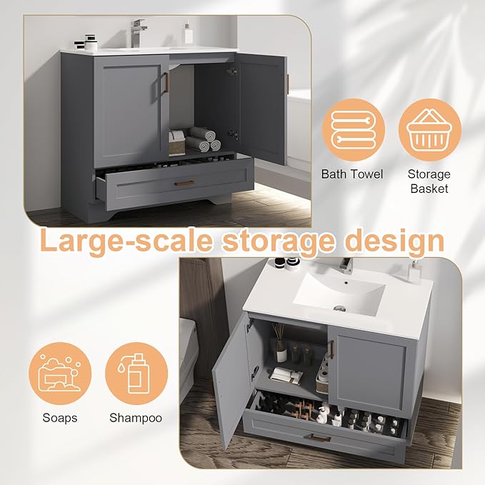 36 inch Bathroom Vanity with Sink, Modern Grey Vanity for Bathroom with Undermount Ceramic Sink, Freestanding 2-Door & 1-Drawer Storage Cabinet, for Small Bathroom Space, (Grey, 36")