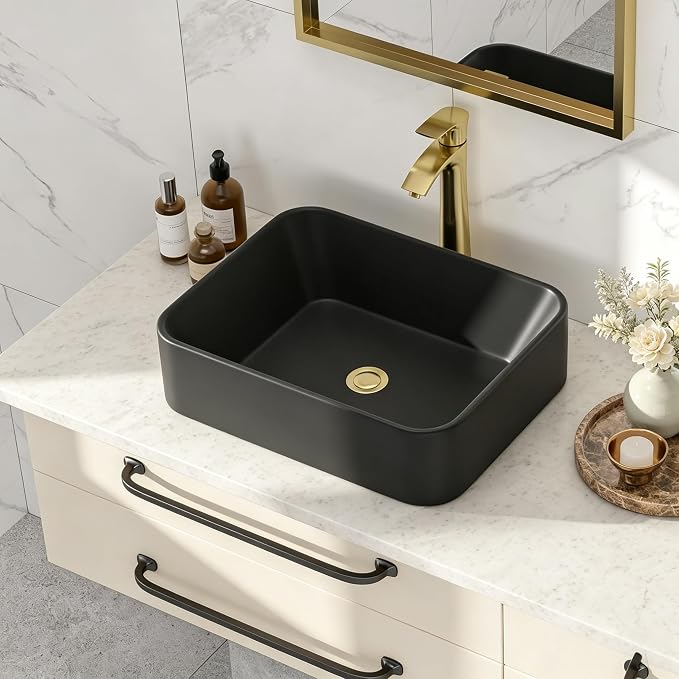 Black Vessel Sink, 19x15 Inch Bathroom Sink Rectangle Above Counter | Modern Ceramic Vessel Sink, Stain Resistant Wash Basin for Bathroom Vanity & Powder Room
