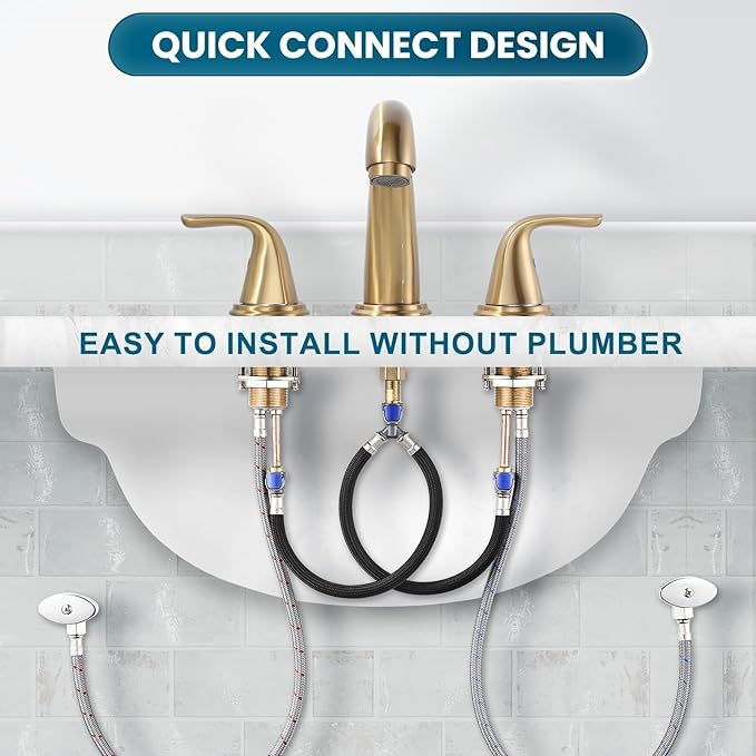 Bathroom Sink Faucet 3 Holes Gold, ALEASHA Widespread Bathroom Faucets, Faucet with Pop Up Drain, Faucets with 304 Stainless Steel Lead-Free Hose