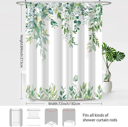 Light Green Floral Eucalyptus Shower Curtain with Hooks, 72x84 Inch | Waterproof Fabric, Watercolor Leaves and Floral, Botanical Style, Machine Washable, Quick-Drying, for Hotel Bathroom