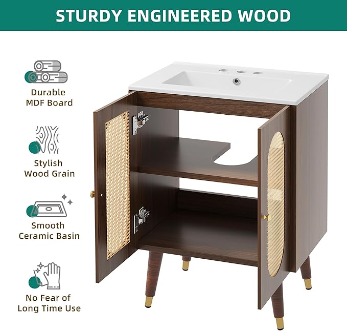 DWVO 24 Inch Rattan Vanity with Sink, Small Freestanding Bathroom Vanity Cabinet, Boho Style with 2 Large Soft-Closing Doors & Four-Sided Water Barrier Strip, Walnut