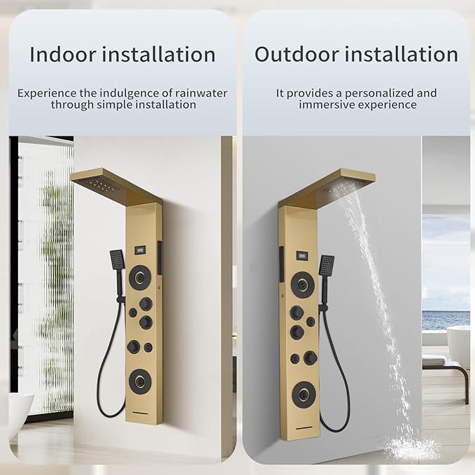 Brushed Gold Shower Panel LED Rainfall Shower Head, Bathroom Shower Panel Tower System Body Massage 6-Functions Temperature Display Wall Mount, Gold
