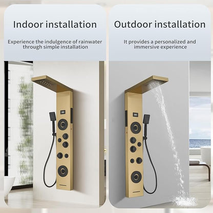 Brushed Gold Shower Panel LED Rainfall Shower Head, Bathroom Shower Panel Tower System Body Massage 6-Functions Temperature Display Wall Mount, Gold