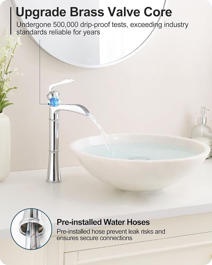 Brass Vessel Faucet, Waterfall Chrome Bathroom Faucet, Single Hole Tall Bathroom Faucets for Vessel Sinks, Single Handle Bathroom Sink Faucets with Pop-Up Drain & Supply Water Hoses, No Leaks