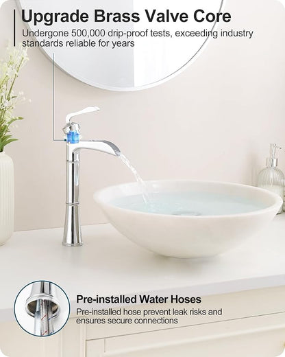 Brass Vessel Faucet, Waterfall Chrome Bathroom Faucet, Single Hole Tall Bathroom Faucets for Vessel Sinks, Single Handle Bathroom Sink Faucets with Pop-Up Drain & Supply Water Hoses, No Leaks