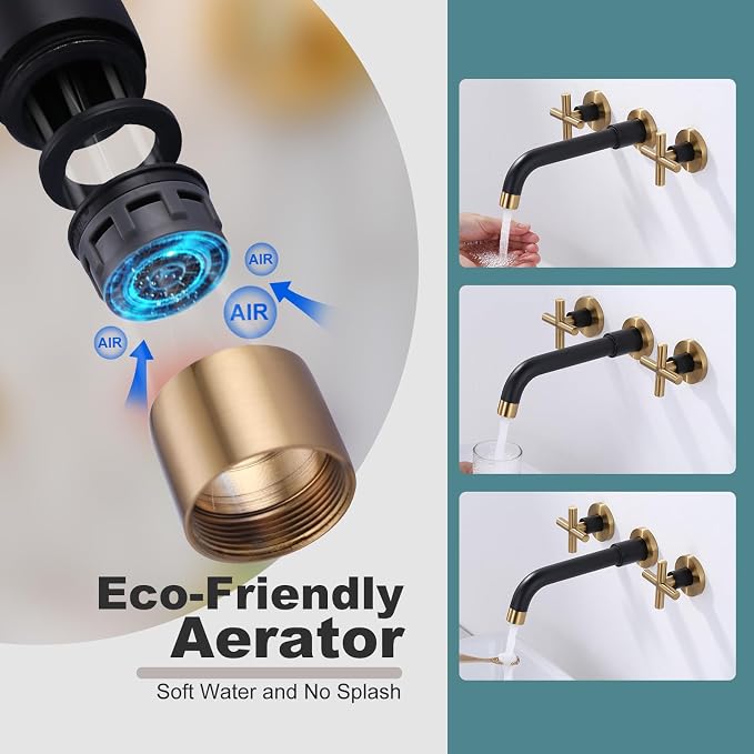 ARCORA Wall Mount Bathroom Faucet, Black and Gold Bathroom Sink Faucet, 2 Handle Wall Mount Vessel Sink Faucet Rough in Brass Valve Included