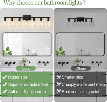 MOKATNG 7-Light Bathroom Light Fixtures, Vanity Light with Clear Glass Shades, Matte Black Bathroom Light Fixtures Over Mirror, Modern Bathroom Wall Lamp for Mirror Living Room Cabinet Bedroom