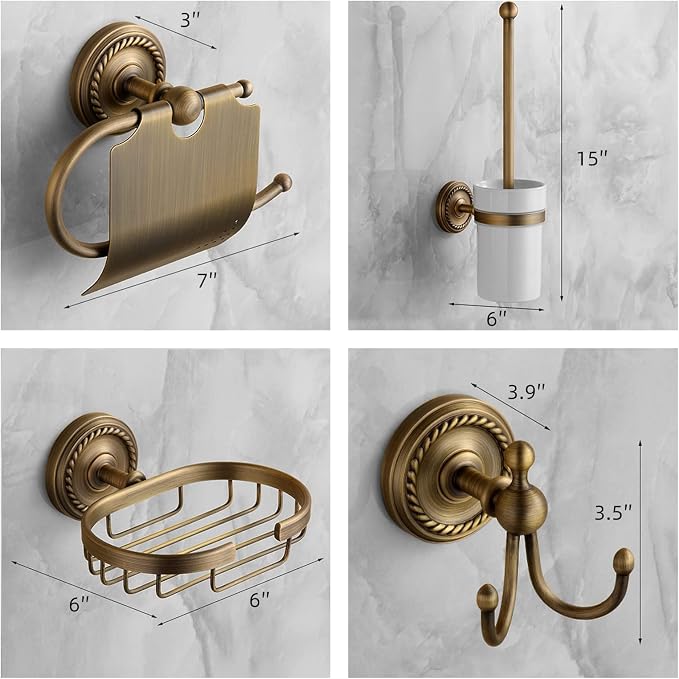 7 Piece Antique Brass Gold Bathroom Accessories Set - TooCust Brushed Brass 24” Double Towel Holder & Towel Bar - Wall Mounted Bathroom Hardware Kit
