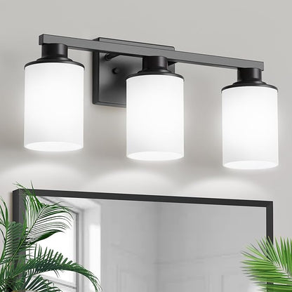 L LOHAS LED 3-Light Bathroom Vanity Light, Black | Milky White Frosted Glass Shades; Wall Sconce for Bathrooms and Bedrooms; ETL Listed