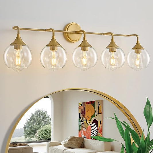 Bathroom Vanity Lights with Clear Glass Shade, E26 Base, Vanity Lighting Fixtures Over Mirror, 39 Inch Vanity Lights for Bathroom (Exclude E26 Bulb) (Gold, 5-Lights)