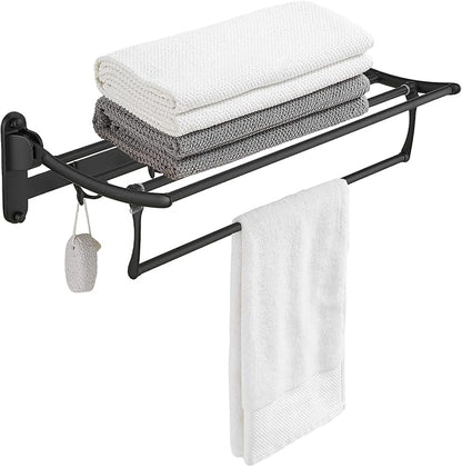 BESy 24 Inch Matte Black Towel Racks, Bathroom Towel Shelf with Foldable Towel Bar Holder and Towel Hooks, Wall Mounted Multifunctional Bathroom Accessories, Double Towel Bars