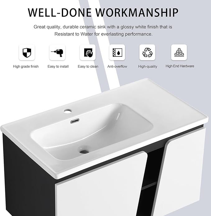36 Inch Bathroom Vanity with Sink, 36" Floating Bathroom Vanity, Plywood Wooden Cabinet with Soft Close Doors, Modern Wall Mounted Cabinet Set, Ceramic Sink Included