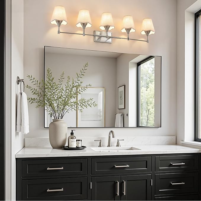 Brushed Nickel Bathroom Vanity Light: 5 Light Vanity Lighting Fixtures with Flared Fabric Shade, Modern Bathroom Lighting Fixtures over Mirror, Wall Sconce Lights for Bedroom Hallway Living Room