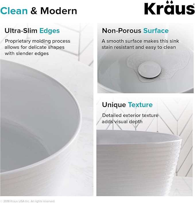KRAUS Viva™ Round White Porcelain Ceramic Vessel Bathroom Sink with Pop-Up Drain, 15 3/4 in. D x 5 3/8 in. H, KCV-205GWH