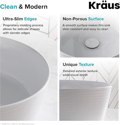 KRAUS Viva™ Round White Porcelain Ceramic Vessel Bathroom Sink with Pop-Up Drain, 15 3/4 in. D x 5 3/8 in. H, KCV-205GWH