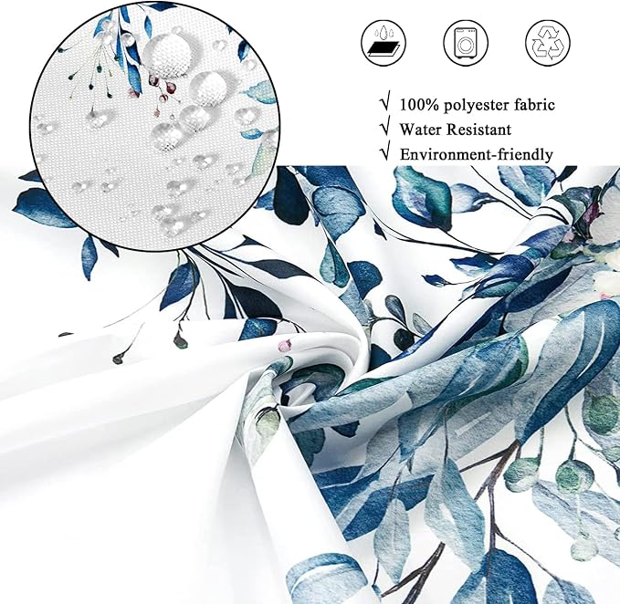 Blue Eucalyptus Shower Curtain, Watercolor Blue Leaves on The Top Plant with Floral Bathroom Curtain Bathtub Home Decor Waterproof Fabric Machine Washable with Hooks