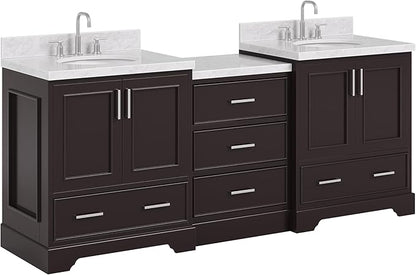 ARIEL Stafford 84-inch Bathroom Vanity with Sink,Solid Wood, 1.5in Italian Carrara Marble Countertop & Backsplash, Double Oval Porcelain Sink, 4 Soft Closing Doors, 5 Dovetail Drawers, Espresso
