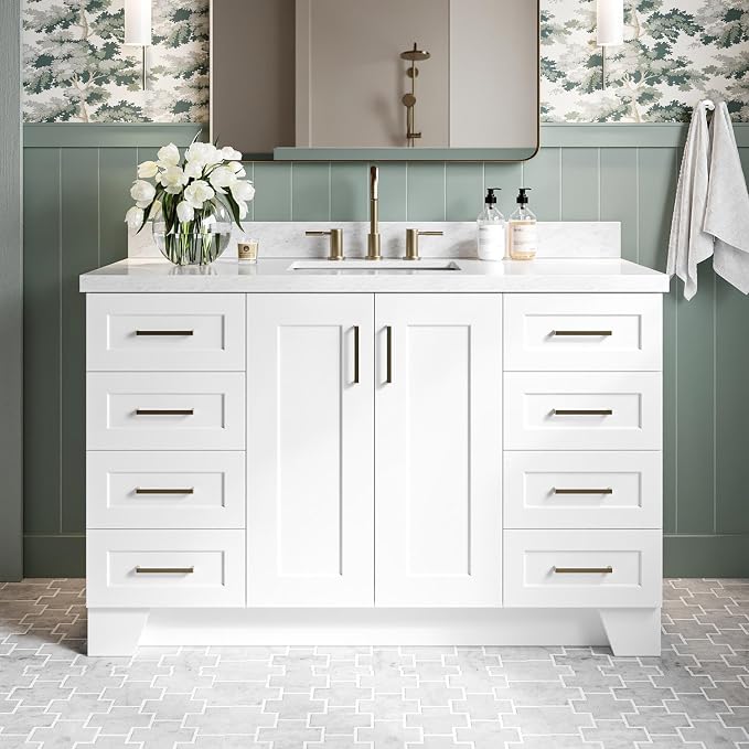 DKB Emilia 54-Inch White Bathroom Vanity with 1.5-Inch Edge Italian Carrara Marble Countertop & Splash, Rectangular Sink, 2 Soft Closing Doors, 9 Full Extension Dovetail Drawers, Satin Brass