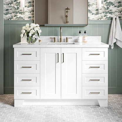 DKB Emilia 54-Inch White Bathroom Vanity with 1.5-Inch Edge Italian Carrara Marble Countertop & Splash, Rectangular Sink, 2 Soft Closing Doors, 9 Full Extension Dovetail Drawers, Satin Brass