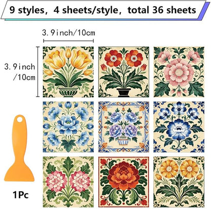 36Pcs 9 Styles Vintage Floral Peel and Stick Tile 4 x 4 Inch Colorful Tile Stickers Square Flower Pattern Waterproof PVC Decal for Kitchen Bathroom Backsplash Furniture Floor DIY Home Decor
