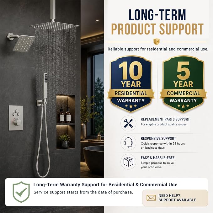 Thermostatic Dual Shower Head System, Brushed Nickel Shower Faucet | 12 Inch Ceiling Rainfall Shower, 6 Inch Wall Mount Head, High Pressure Handheld Sprayer, Push Button Valve
