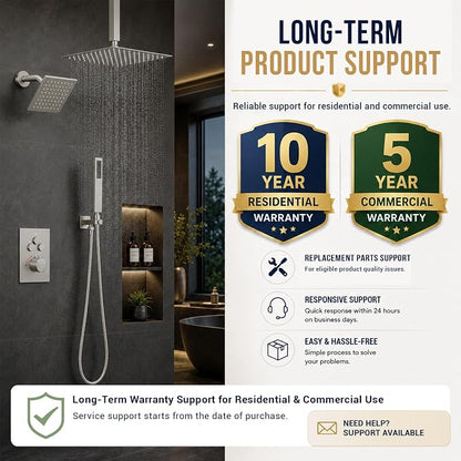 Thermostatic Dual Shower Head System, Brushed Nickel Shower Faucet | 12 Inch Ceiling Rainfall Shower, 6 Inch Wall Mount Head, High Pressure Handheld Sprayer, Push Button Valve