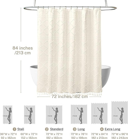 Extra Long Cream Boho Shower Curtain - Woven Fabric, 72 x 84 Tufted Chevron Textured Striped Modern Farmhouse Minimalist Cloth Curtain for Bathroom