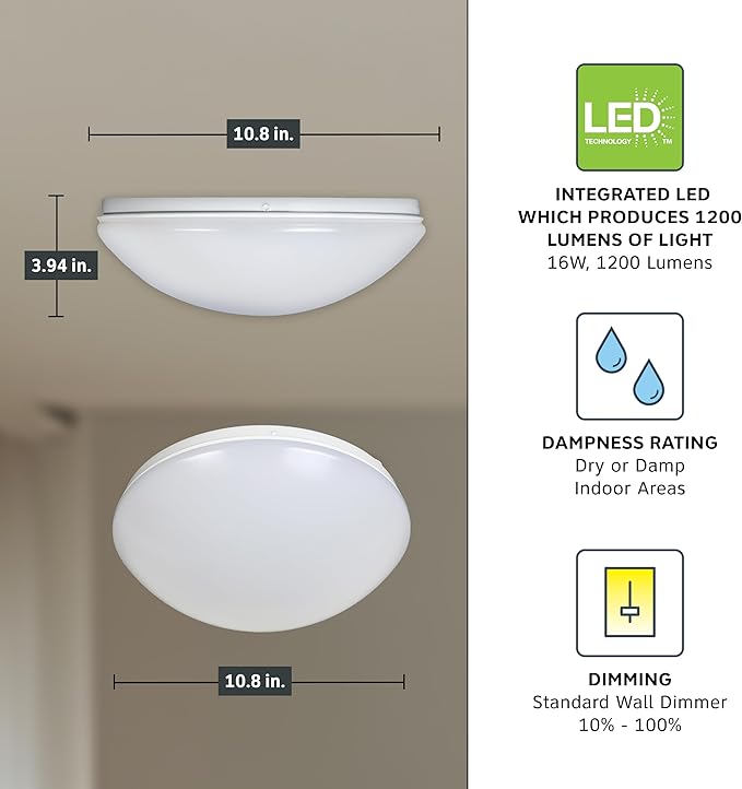Designers Fountain EnviroLite Flush Mount Ceiling Light, 11 Inch LED Round Glass Lighting Fixture for Kitchen, Bedroom, Bathroom, and Hallway, White, EV1011C5C-06