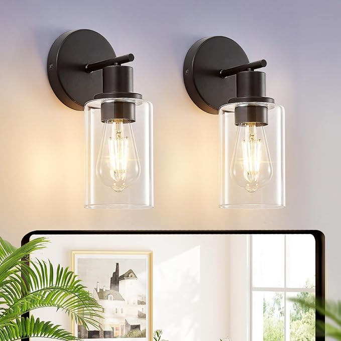 DLLT Wall Sconces Set of Two: Modern Bathroom Vanity Light Fixtures - Matte Black Vanity Lights with Clear Glass Shade - Farmhouse Wall Lamp for Bedroom Living Room Mirror Hallway Kitchen