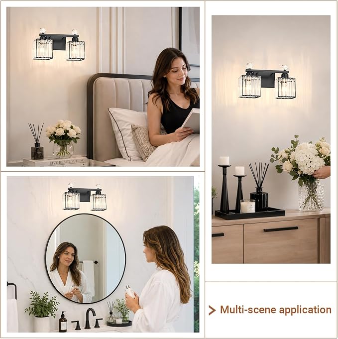 Lxybcce Modern 14In 2-Lights Bathroom Vanity Light, Crystal Bathroom Light Fixtures, Black Vanity Light Fixtures Over Mirror, Easy Installation & Shadow-Free Illumination for Bathroom Mirror Decor