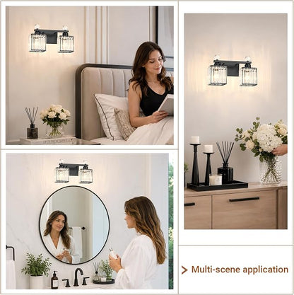 Lxybcce Modern 14In 2-Lights Bathroom Vanity Light, Crystal Bathroom Light Fixtures, Black Vanity Light Fixtures Over Mirror, Easy Installation & Shadow-Free Illumination for Bathroom Mirror Decor