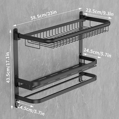 Foldable 23.22 Inch Rowel Rack Wall Mounted with Bathroom Shower Shelves Stainless Steel Towel Bar Without Drilling and Screw Installation (Black)