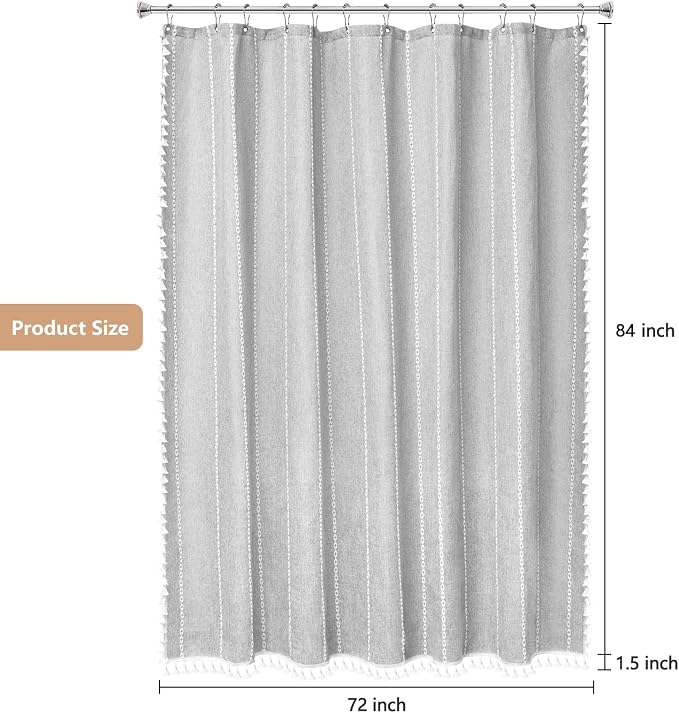 Seenus 72 x 84 inch Extra Long Boho Chic Shower Curtain Heavyweight with Tassels, Grey Linen Textured Fabric Farmhouse Shower Curtain, Elegant Gray & White Striped Bathroom Curtain Water Repellent