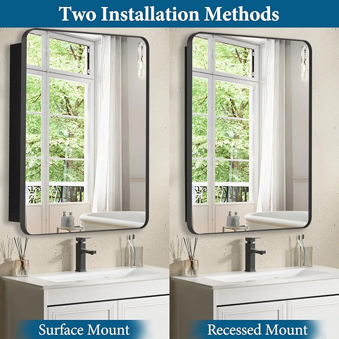 24’’x36’’ Medicine Cabinet,Metal Framed Medicine Cabinet Mirror with Round Corner,Recessed and Surface Mount Bathroom Mirror with Storage, Removeable Shelves,Dark Gray Frame