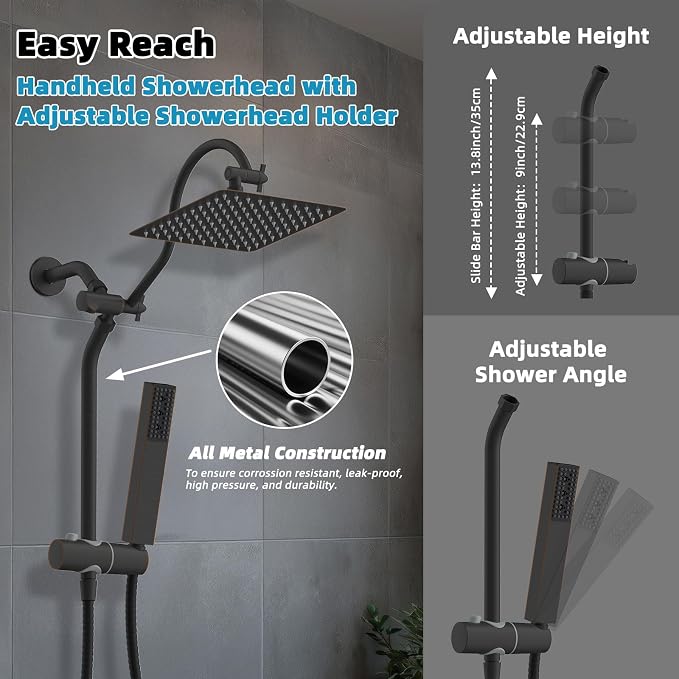 Hibbent 10'' Rainfall Shower Head with 4-Spray Handheld, Oil Rubbed Bronze | cUPC Certified High Pressure Showerhead Combo, 12'' Adjustable Extension Arm, Extension Bar, Easy Reach Holder, 71'' Hose
