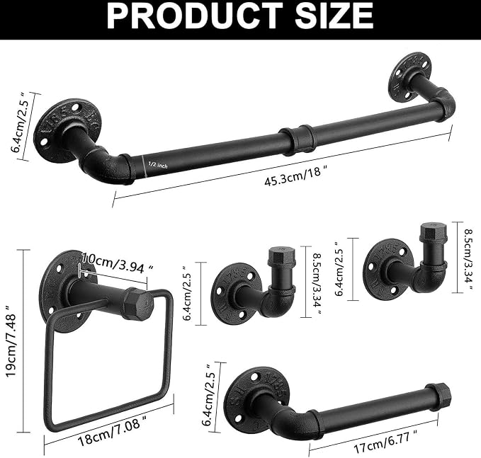 5-Pieces Industrial Pipe Bathroom Accessories Hardware Kit DIY Wall Mounted Includes Towel Bar Robe Hooks Toilet Paper Holder and Towel Ring (Black, 18 Inch)
