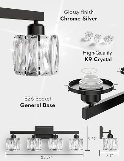 VOLISUN Crystal Vanity Lights for Bathroom, 4 Light Bathroom Vanity Light, Modern Matte Black Bathrooms Light Over Mirror, Black Bathrooms Lights Fixtures-UL Certificated(Exclude Bulb)