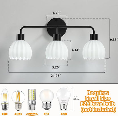 Black 3-Light Vanlity Light Over Mirror,Wall Sconces,Modern Bathroom Light Fixture with Milk White Glass Flower Shade,E26 Socket(Bulbs Not Included)