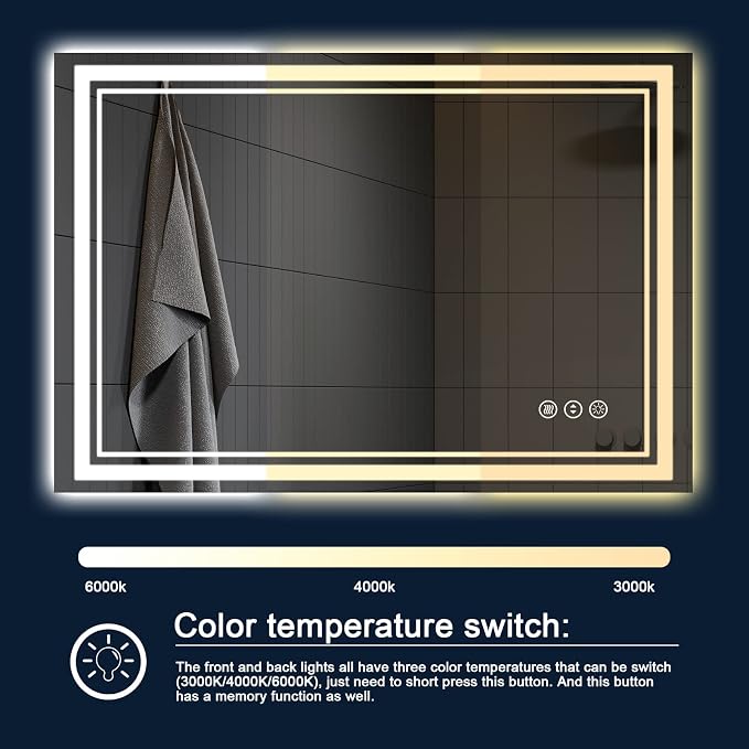 48x30 Inch LED Bathroom Mirror with Lights | Front and Backlit, 3 Colors, Dimmable, Memory, Anti Fog, Shatterproof, Horizontal/Vertical, Lighted Mirrors for Bathroom Wall