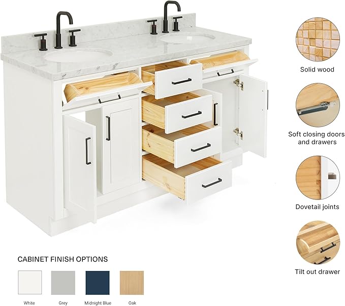 ARIEL Hepburn 60-inch Bathroom Vanity with Sink,Solid Wood, 1.5-inch Italian Carrara Marble Countertop & Backsplash, Double Oval Porcelain Sink, 4 Soft Closing Doors, 6 Dovetail Drawers, White