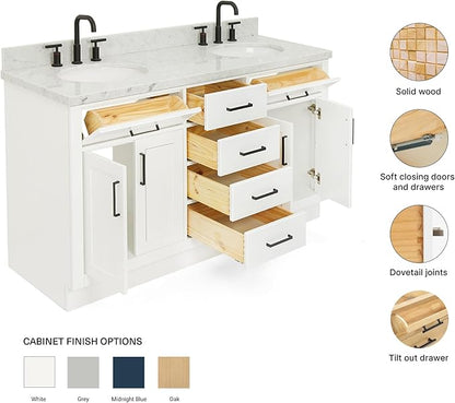 ARIEL Hepburn 60-inch Bathroom Vanity with Sink,Solid Wood, 1.5-inch Italian Carrara Marble Countertop & Backsplash, Double Oval Porcelain Sink, 4 Soft Closing Doors, 6 Dovetail Drawers, White