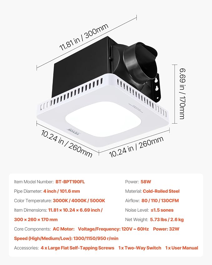 VEVOR Bathroom Exhaust Fan with LED Light, 80-110-130 CFM Bathroom Vent Three Gear Color Temp, 1.5 Sones Low-Noise, Premium AC Motor Ceiling Fan for Laundry Room, Storage Room, Home Ventilation, White