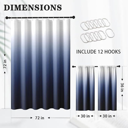 Shower Curtain Set, for Bathroom Decor 72" x 72", Ombre Gradient | Modern Navy Blue Waffle Textured Cloth Waterproof Matching Window Shower Curtain 36 x 30 Inches
